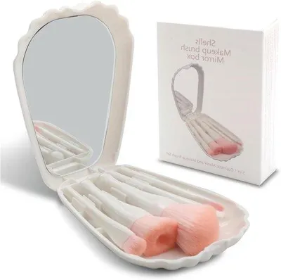 Obrázek produktu pro Přenosná sada mini kosmetických štětců v pouzdře ve tvaru mušle – štětec na tvářenku, štětec na rozetření pudru, štětec na oční stíny