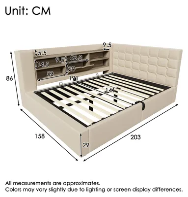 Produktbild von Polsterbett 140 x 190 cm Doppelbett mit LED, hydraulischem Stauraum, L-förmigem Kopfteil, USB, Type-C, Leinen, Beige