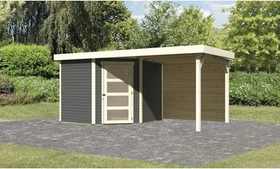 Produktbild von Gartenhaus Karibu Anvik 5 inkl. Anbaudach 2,4 m, Rückwand 493 x 262 cm terragrau