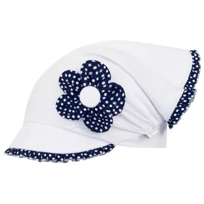 Produktbild von Mädchen Mütze Kopftuch Sommermütze Schirmmütze Punkte Blumen, Weiß-Dunkelblau, Gr. 42-44