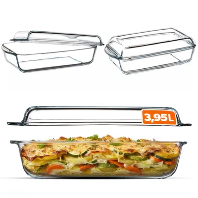 A glass baking dish with a meal inside, and two empty glass baking dishes with lids.