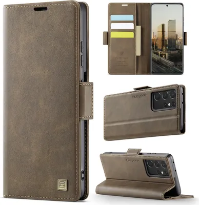 Image de Étui en cuir pour Samsung Galaxy S21 Ultra 5G, protection RFID, fermeture magnétique, fentes pour cartes et support Marron