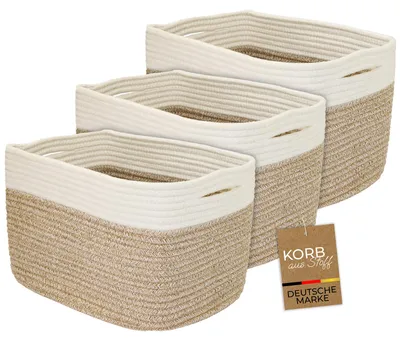 Produktbild von HMF Aufbewahrungskorb mit versteckten Griffen, 3er Set, Korb aus Baumwolle | 37,5 x 25 x 22,5 cm | Weiß-Braun, KI-generiertes Bild