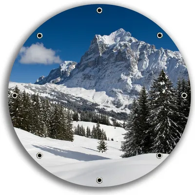 Produktbild von Wallario rundes Outdoor-Poster für Garten oder Balkon, Motiv Verschneiter Berghang unter blauem Himmel, 30 cm Durchmesser