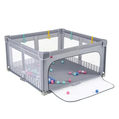 Zdjęcie produktu dla Składany kojec dla niemowląt COSTWAY 150 x 150 cm, wolny od BPA, duży płot do zabawy dla maluchów z zamkiem błyskawicznym, 50 piłek do zabawy i 4 pierścienie do ciągnięcia
