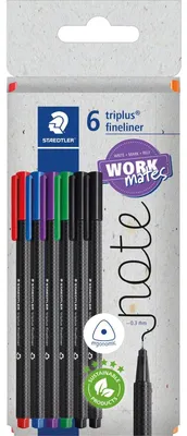 Produktbild von Staedtler 334 C6, Schwarz, Blau, Grün, Rot, Violett, Schwarz, Blau, Grün, Rot, Violett, Recycelbarer Kunststoff, Dreieck, Tinte auf Wasserbasis, Metall