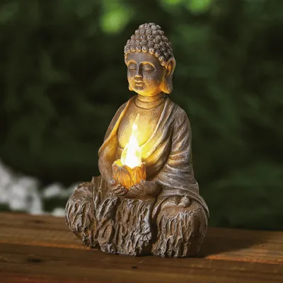 Produktbild von 1x Solar-Buddha-Gartenstatue mit LED und Solarstrom - Buddha-Statue mit Kerze und Blume - 1 LED warm- oder kaltweiß - 19 cm hoch - Automatisches Ein-/Ausschalten - Stimmungsbeleuchtung für Garten und Außenbereich [11269]