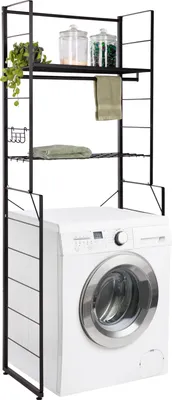 Produktbild von ONVAYA® Waschmaschinenregal ǀ schwarz ǀ mit Kleiderstange und 4 Haken ǀ ideal über Waschmaschine, Trockner oder WC ǀ Toilettenregal aus Metall