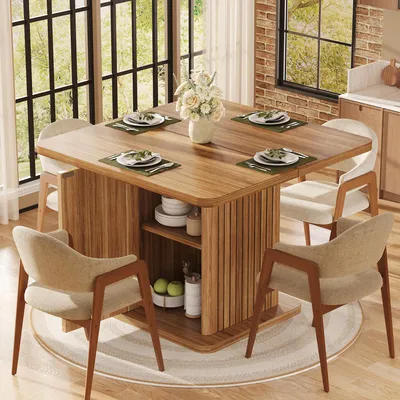 Produktbild von MODFU Esstisch 80 × 80 cm, quadratischer Esszimmertisch Küchentisch mit integriertem Stauraum und 2 Ablageböden,Wohnzimmertisch mit modernem Reliefdesign, Holzoptik