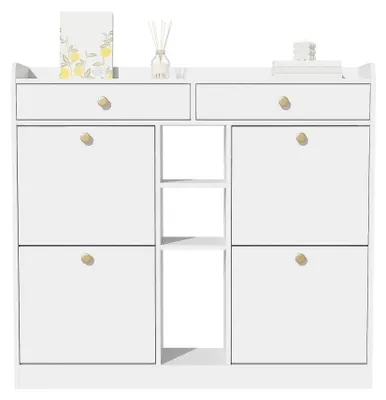 Immagine prodotto di Armadio per scarpe - 110 x 26 x 100 cm - 4 ante a battente - 2 cassetti - 3 scomparti aperti - Bianco