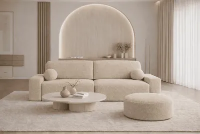 Produktbild von Polstersofa  aus Bouclé, Schlafsofa, Sofa mit Schlaffunktion und Bettkasten, Polstersofa, Sofagarnitur Wohnlandschaft mit Bettfunktion, Couch für Wohnzimmer - Sofa Lisbon - Beige (Arena 3)