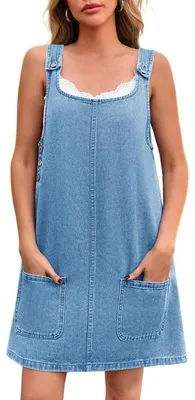 Produktbild von Ärmelloses Damen-Jeanskleid – Lässiges Vintage-Overall-Kleid aus Denim mit Rundhalsausschnitt, lockerer Passform und Taschen
