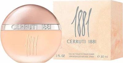A bottle of Cerruti 1881 pour Femme eau de Toilette and its packaging are displayed against a light background.