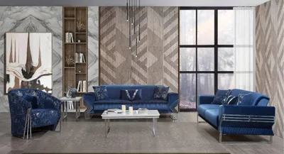 Produktbild von Wohnzimmer Blaue Couchgarnitur Designer Dreisitzer Sessel Couchtisch