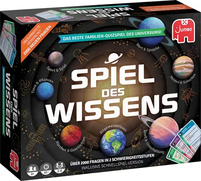 The image shows the packaging of a board game called 'Spiel des Wissens' (Game of Knowledge). The box features a space-themed design with planets, rockets, and satellites, and highlights key features like 'over 2000 questions' and '2 difficulty levels'.