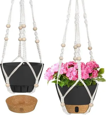Immagine prodotto di Piante sospese in macramè - Piante da interno ed esterno - Vaso da fiori con sistema di auto-irrigazione e fori di drenaggio - Set da 2 pezzi grigio scuro - 25 cm - Piante sospese