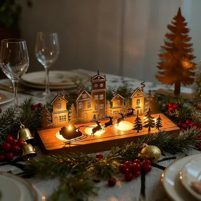 Imagen del producto de Adorno navideño de madera y metal, con 4 portavelas, incluye bandeja, ideal para decoración navideña en celebraciones