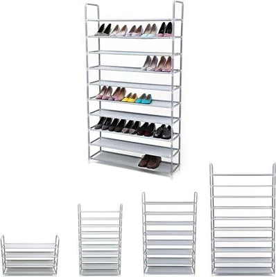 Zdjęcie produktu dla Szafka na buty z 10 półkami, z przegrodami na buty i organizerem, na maksymalnie 50 par butów, do salonu, garderoby i przedpokoju, z poliestru, 100 x 29 x 175 cm, szara