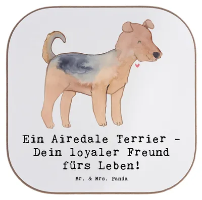 Produktbild von Mr. & Mrs. Panda Tischuntersetzer Airedale Terrier - Weiß - Geschenk, Holzuntersetzer, Haustier, Quadratischer Untersetzer, für Gläser, treue Begleiter, Coaster, Hunde
