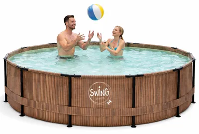 Produktbild von HAF - Swing Frame Pool rund Holz-Optik (Ø 366 cm, 91 cm tief) - Gartenpool mit 8.300 Liter - UV-geschützt & korrosionsbeständig - inkl. Skimmer