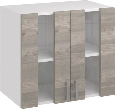 A white kitchen wall cabinet with two doors made of wood-look material.