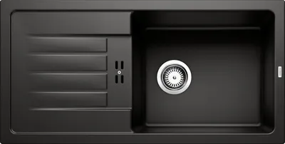 A top-down view of a black kitchen sink with a drainboard and a single basin.