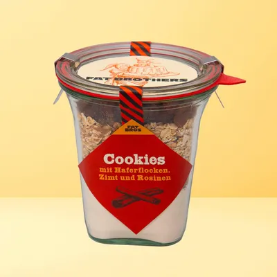 Produktbild von Cookies mit Haferflocken Rosinen und Zimt Backmischung im Weck-Glas
