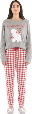 Produktbild von Sorbetto Damen moderner Pyjama / langer Schlafanzug / Homewear-Anzug in stylischem Look, Langarm Grau/Rot/Weiß mit Eisbär, Gr. M