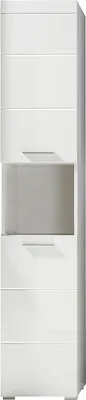 A tall, narrow white cabinet with a central open shelf.