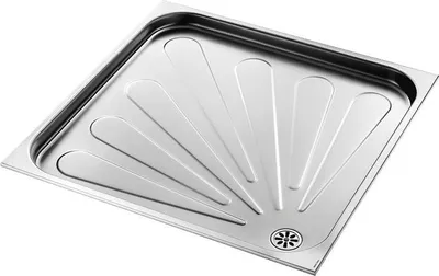 A square stainless steel shower tray with a fan-like pattern of drainage channels and a central drain.