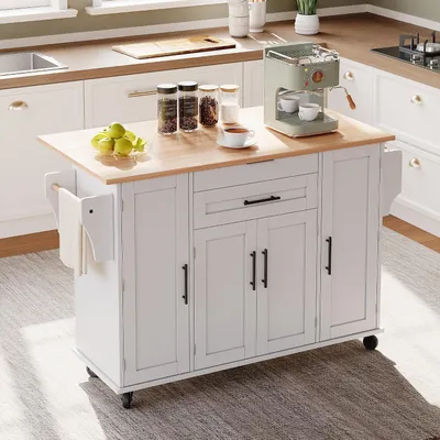 Obrázok produktu pre Mobilný kuchynský ostrov s rozmermi 120 × 45 cm, s výsuvnou pracovnou doskou až do 70 cm, zásuvkou na príbory, nastaviteľnými policami, poličkou na korenie a držiakom na utierky, vhodný do kuchyne, jedálne a obývačky
