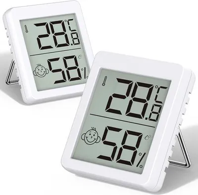 Immagine prodotto di Due mini termometri digitali - Formato grande - Display LCD digitale - Termometro-igrometro - Misuratore elettronico di temperatura e umidità per interni - Misuratore con sensore per stazione meteorologica - Bianco