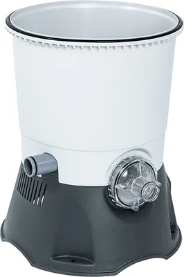 A white and gray pool pump and filter tank unit is shown against a white background.