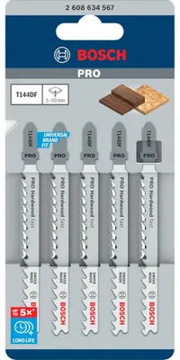 Zdjęcie produktu dla Bosch 2 608 634 567, Ostrze wyrzynarki, Twarde drewno, Laminat, Miękkie drewno, Bimetaliczny, Czarny, Szary, 5 cm, 5 szt.