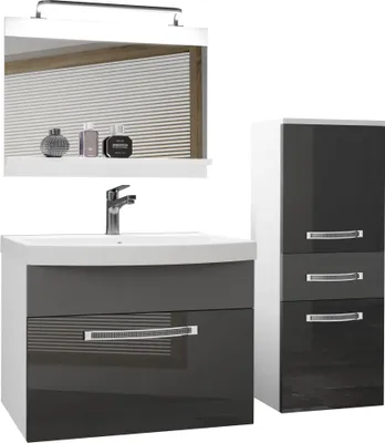 Produktbild von BELINI Badmöbel Vollausstattung Set Waschbeckenschrank, kleiner Schrank, Waschbecken, Spiegel, Lampe (Grau / Grau, Glänzend und Matt)