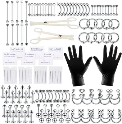 Obrázok produktu pre 140ks Piercingová súprava z nehrdzavejúcej ocele 14G 16G 20G Piercingové ihly Krúžky na pupok Jazyk Tragus Chrupavka Helix Daith Havran Náušnice Bradavky Rty Obočie Nosné krúžky Nástroj na zdobenie tela