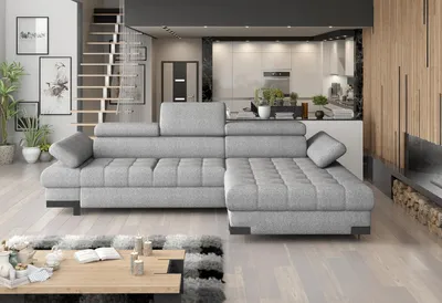 Immagine prodotto di Divano angolare design, con funzione letto, rivestito in pelle e tessuto, divano multifunzionale in tessuto