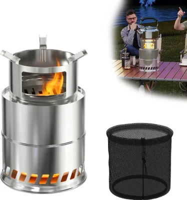 Image de UISEBRT Four de camping en acier inoxydable 3 en 1 - Four-fusée pour le plein air, le camping, le jardin, compact, efficace, combustion de bois et de charbon, sac inclus
