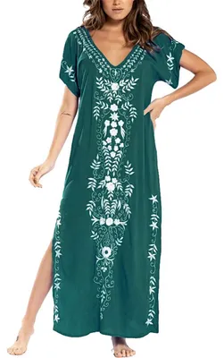 Produktbild von Bohemian V-Ausschnitt Kimono Maxi Strandkleid für Damen in Dunkelgrün