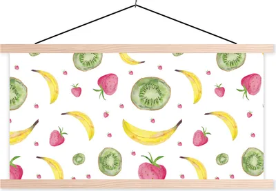 Produktbild von MuchoWow® Textilposter Obst - Aquarellfarbe - Weiß 120x60 cm mit holzfarbenen Rahmen - Klemmleiste