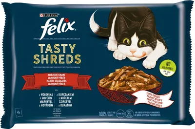 Produktbild von Felix Tasty Shreds Rindfleisch Huhn Katzenfutter 4x80g