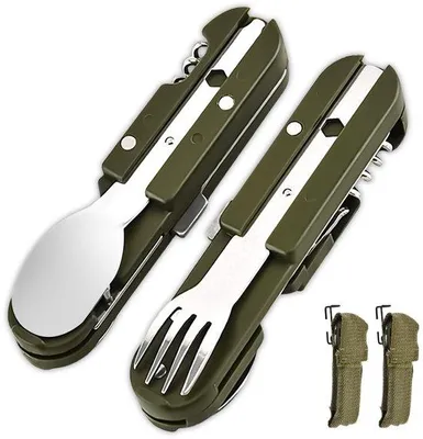 Produktbild von Camping-Besteck 5-in-1 – Klappbesteck – Edelstahl – Tragbares Besteck – Outdoor-Werkzeug – Inklusive Flaschenöffner/Korkenzieher – Multifunktionales Besteck