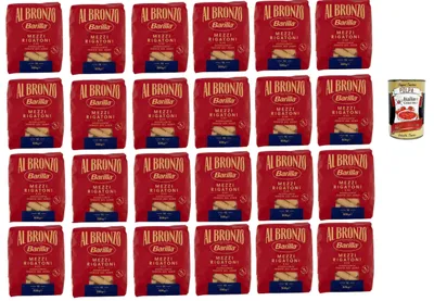 Produktbild von Barilla Al Bronzo Mezzi Rigatoni 24x500g – 12 kg Vorratspack mit rauer Bronze-Textur für perfekten Saucenhalt, kochstabil al dente, 100% Hartweizengrieß – Original aus Italien + Italian Gourmet polpa