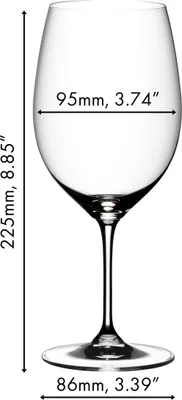 A diagram of a wine glass with dimensions indicated.