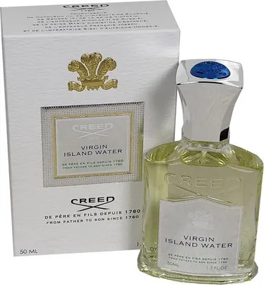 A bottle of Creed Virgin Island Water Eau de Parfum and its packaging are displayed.