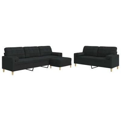 Produktbild von 3-tlg. Sofagarnitur mit Fußhocker & Dekokissen Schwarz Stoff