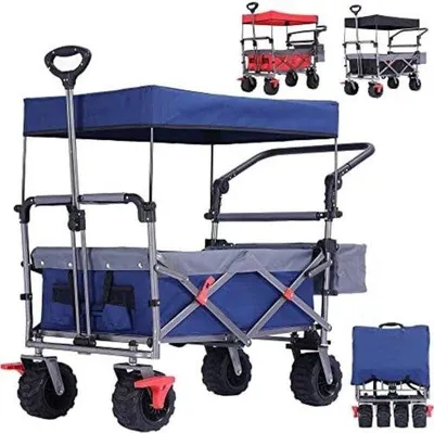 Produktbild von Famanu Bollerwagen Zusammenklappbar mit Luftreifen - Bollerwagen für Kindertransport - Bollerwagen mit Schiebestange - Blau