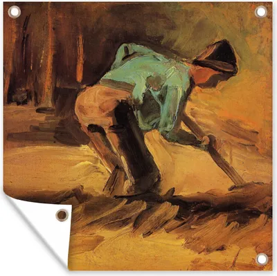 Produktbild von MuchoWow® 100x100 cm Outdoor-Poster Gartendeko Sichtschutz Garten Poster für den Garten  Mann in gebückter Haltung mit Stock oder Spaten - Gemälde von Vincent van Gogh