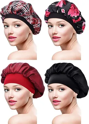 Produktbild von 4 Stück Satin Mütze Schlafmütze Weiche Nachtmütze Kopfhaube für Damen Mädchen