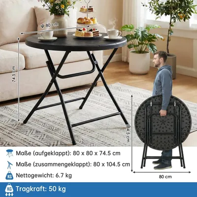 Immagine prodotto di Tavolo pieghevole - Tavolo da giardino rotondo - Ø80 cm - Struttura in acciaio inossidabile - Portatile e stabile - Altezza 74 cm - Nero